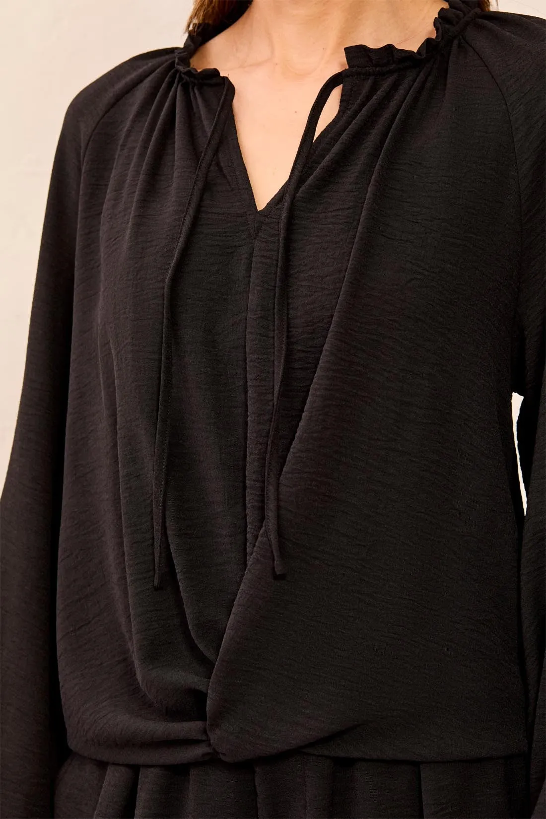 Flowy Long Puff Sleeves Notch Neck Tie Front Blouse-Black sold by Tribal product image thumbnail 2