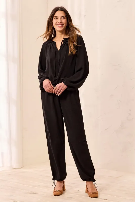 Flowy Long Puff Sleeves Notch Neck Tie Front Blouse-Black made by Tribal