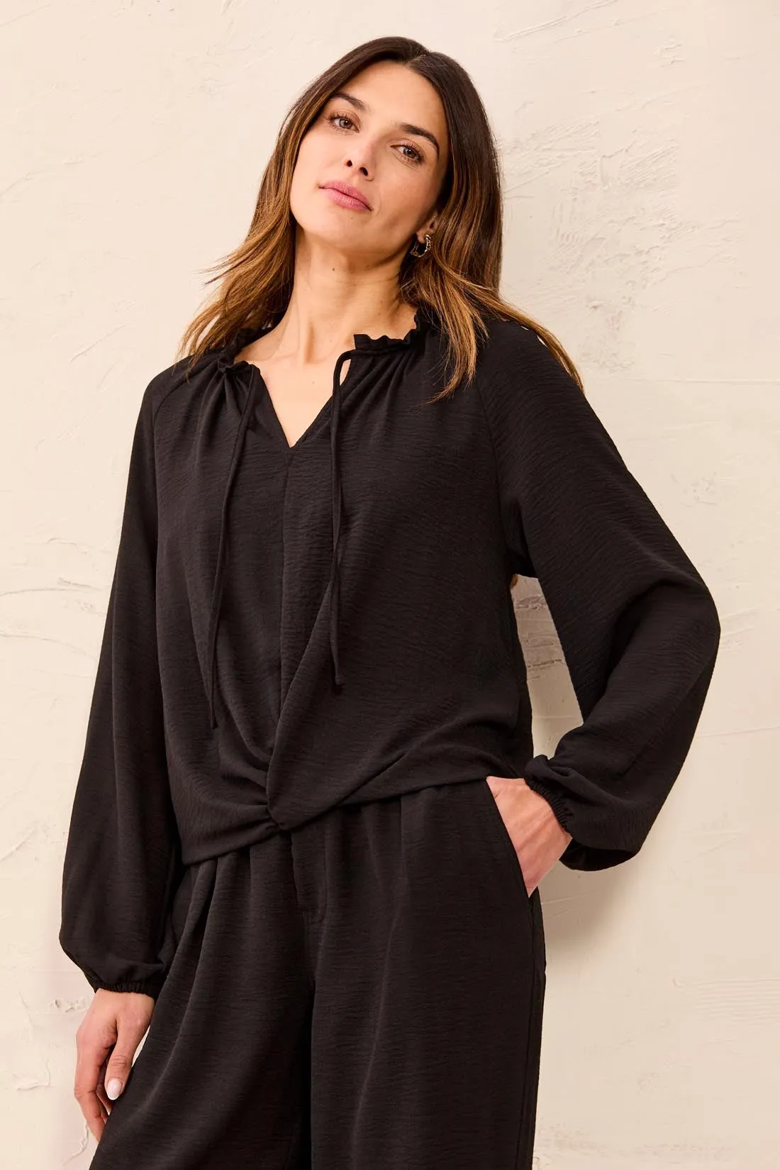 Flowy Long Puff Sleeves Notch Neck Tie Front Blouse-Black sold by Tribal product image thumbnail 3