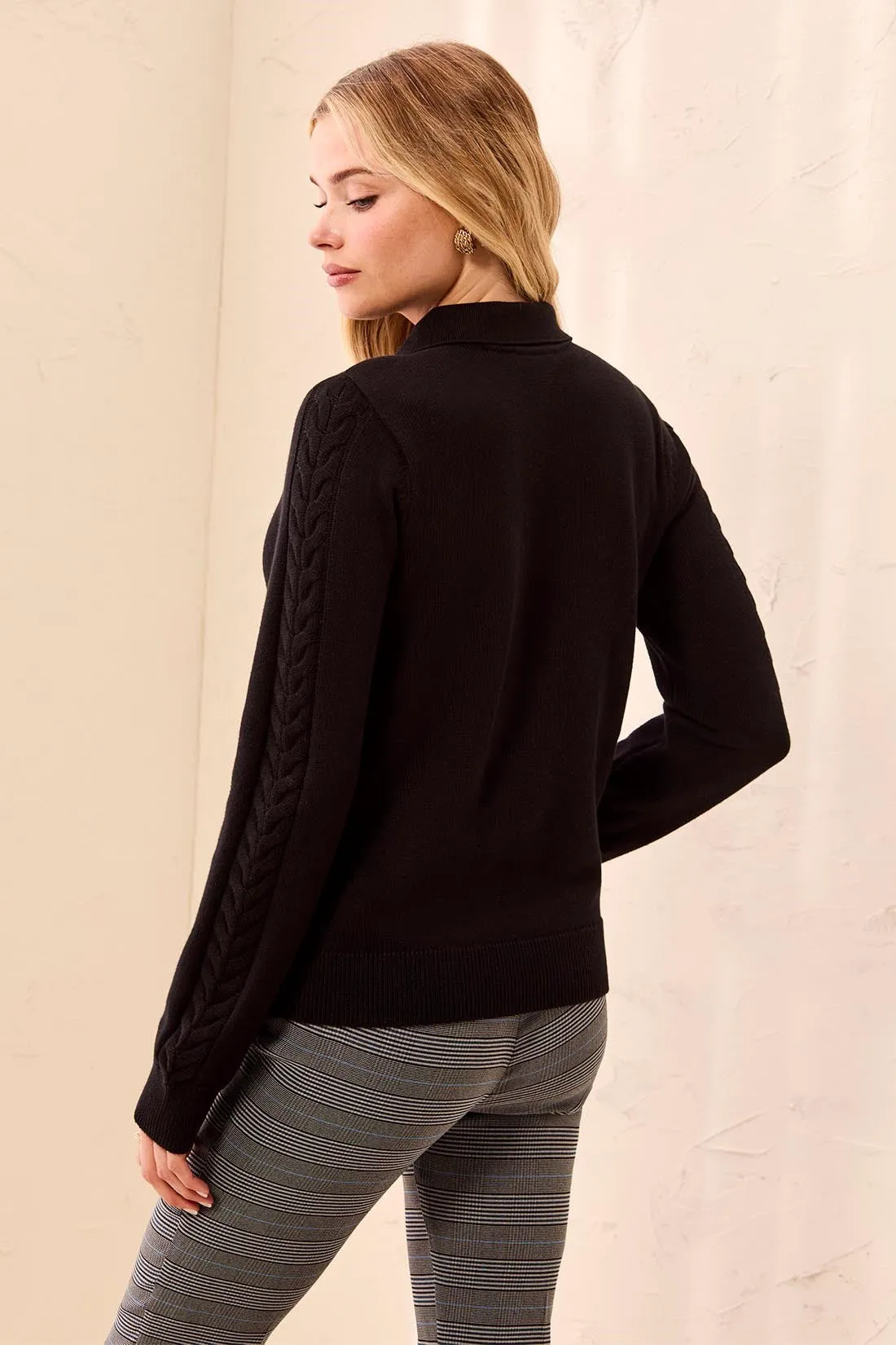 Self Button Placket Collared Cable Sleeve Sweater-Black sold by Tribal product image thumbnail 3
