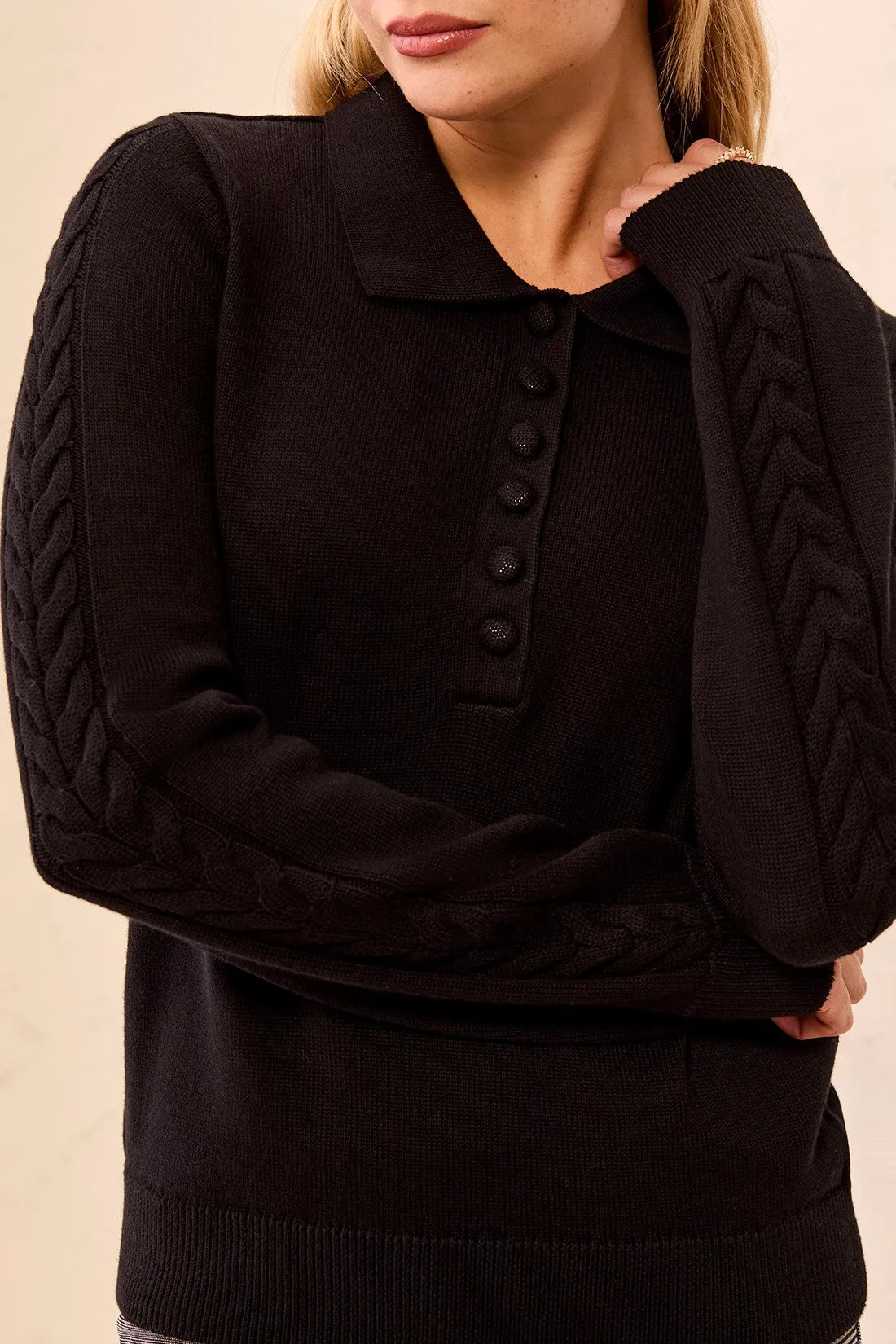 Self Button Placket Collared Cable Sleeve Sweater-Black sold by Tribal product image thumbnail 4