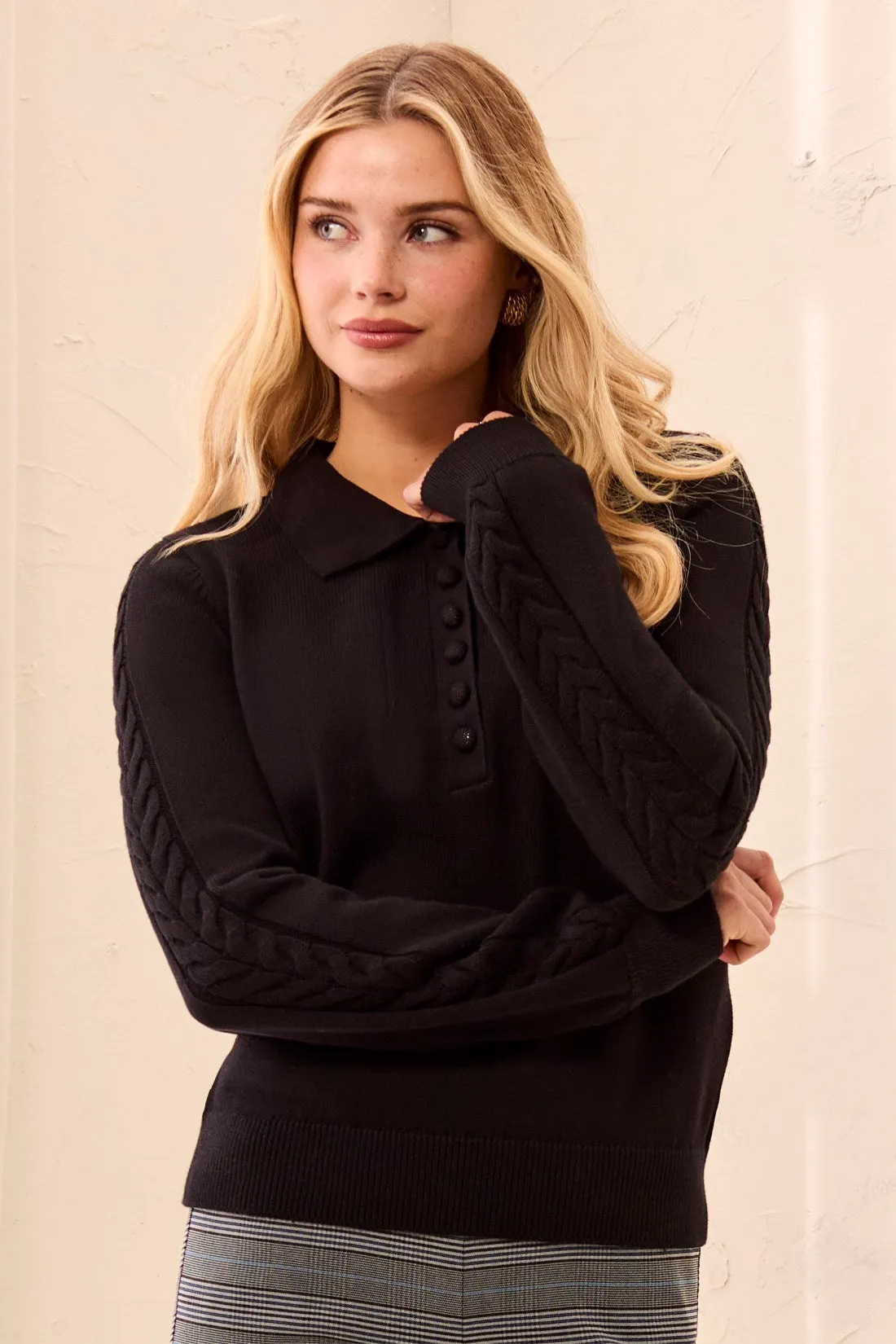 Self Button Placket Collared Cable Sleeve Sweater-Black sold by Tribal product image thumbnail 2