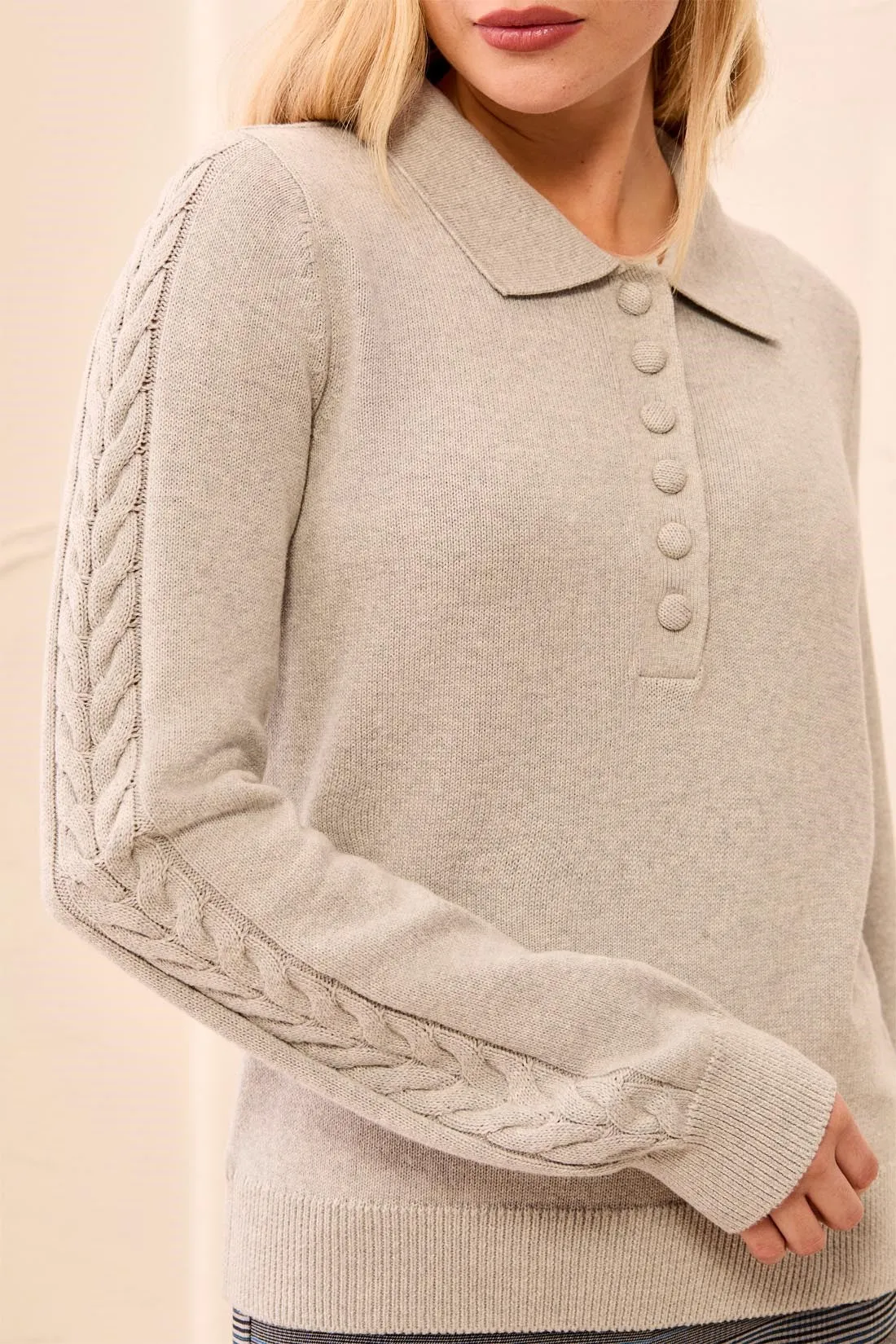 Self Button Placket Collared Cable Sleeve Sweater-Ltgreymix sold by Tribal product image thumbnail 4