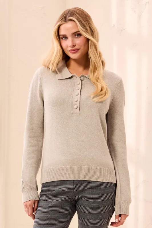 Self Button Placket Collared Cable Sleeve Sweater-Ltgreymix made by Tribal