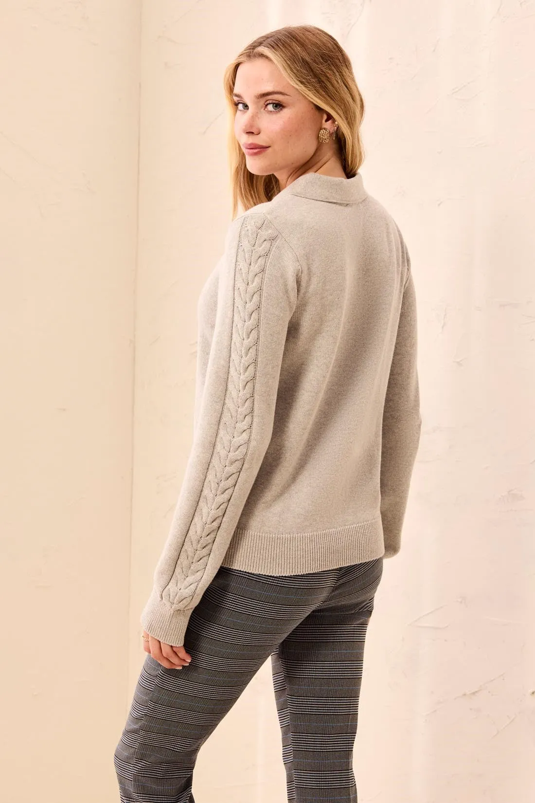 Self Button Placket Collared Cable Sleeve Sweater-Ltgreymix sold by Tribal product image thumbnail 3