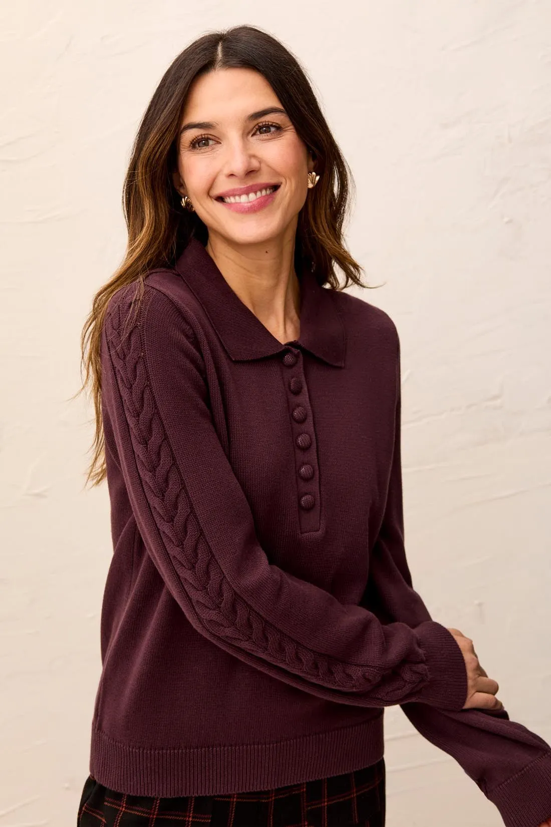 Self Button Placket Collared Cable Sleeve Sweater-Fudge sold by Tribal product image thumbnail 2