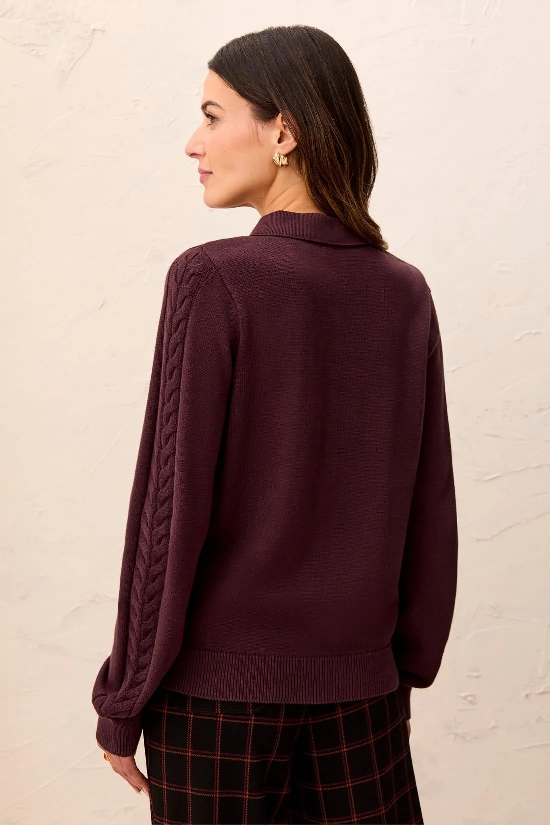 Self Button Placket Collared Cable Sleeve Sweater-Fudge sold by Tribal product image thumbnail 5