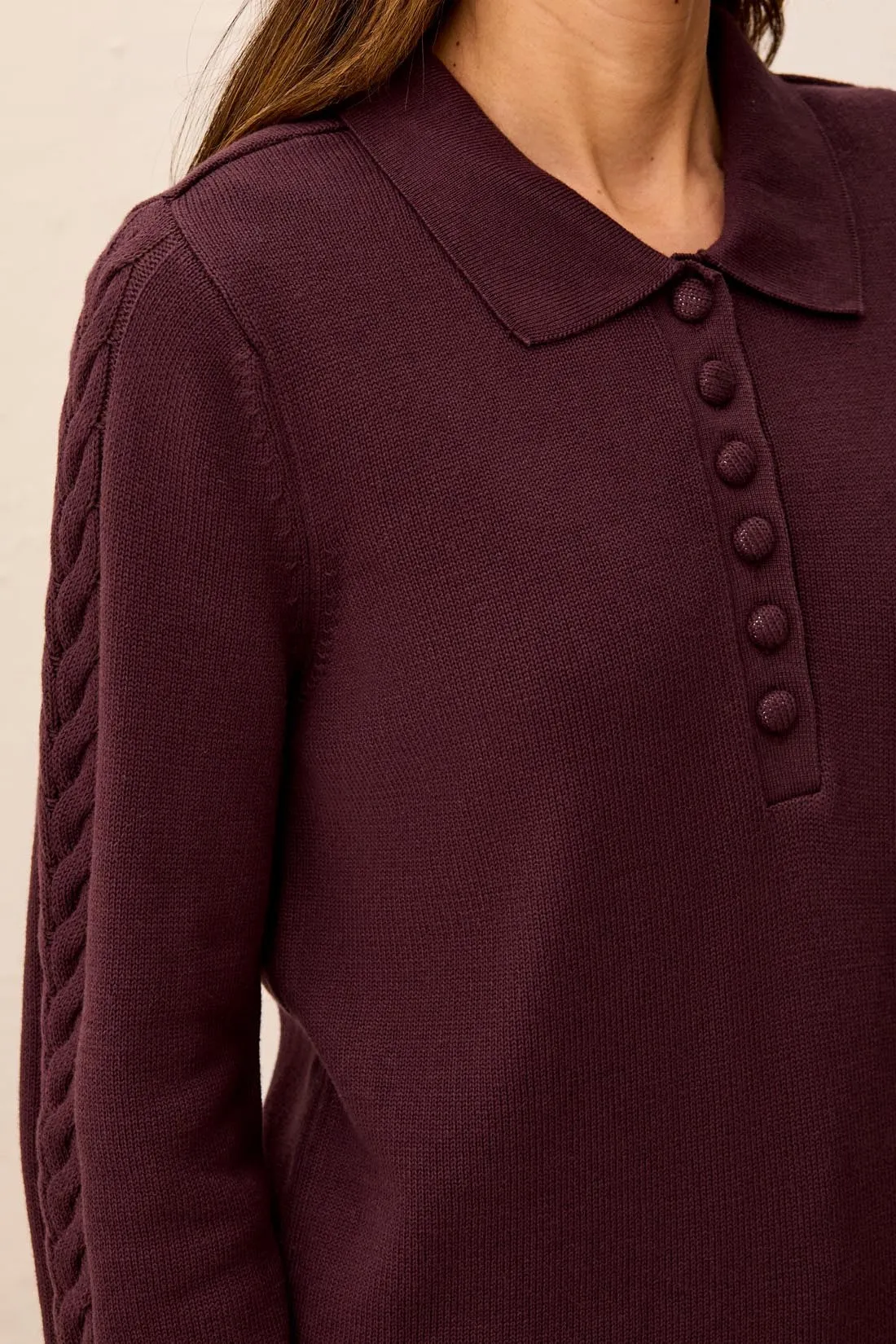 Self Button Placket Collared Cable Sleeve Sweater-Fudge sold by Tribal product image thumbnail 3