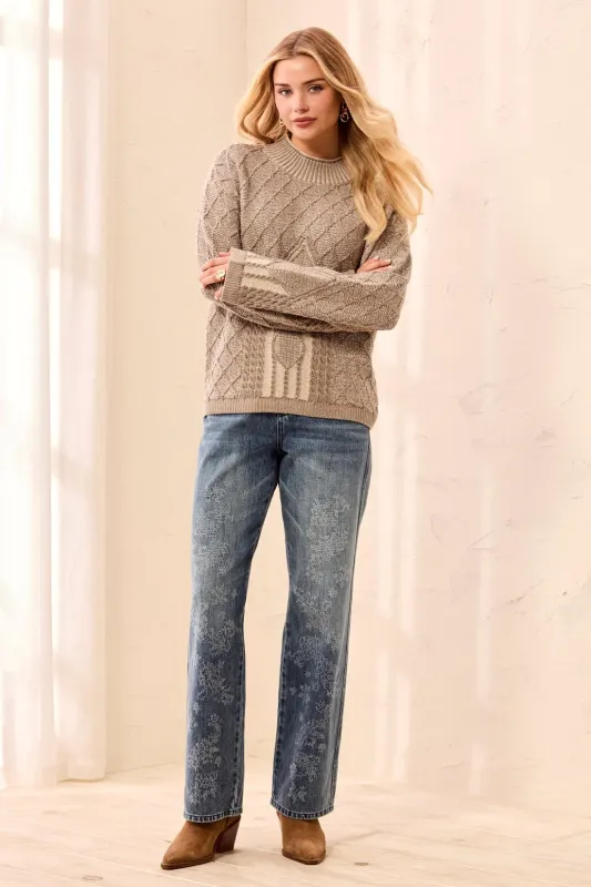 Mixed Cable Knit Long Sleeve Mock Neck Sweater-Dry sand made by Tribal