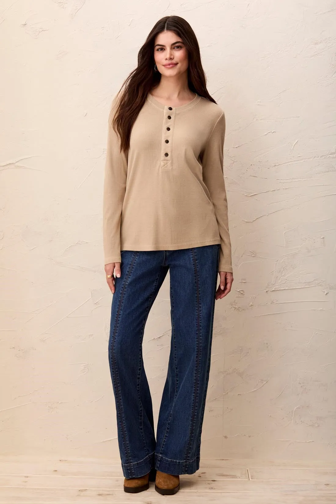 Special Wash Long Sleeve Buttoned Henley Top-Pashmina sold by Tribal