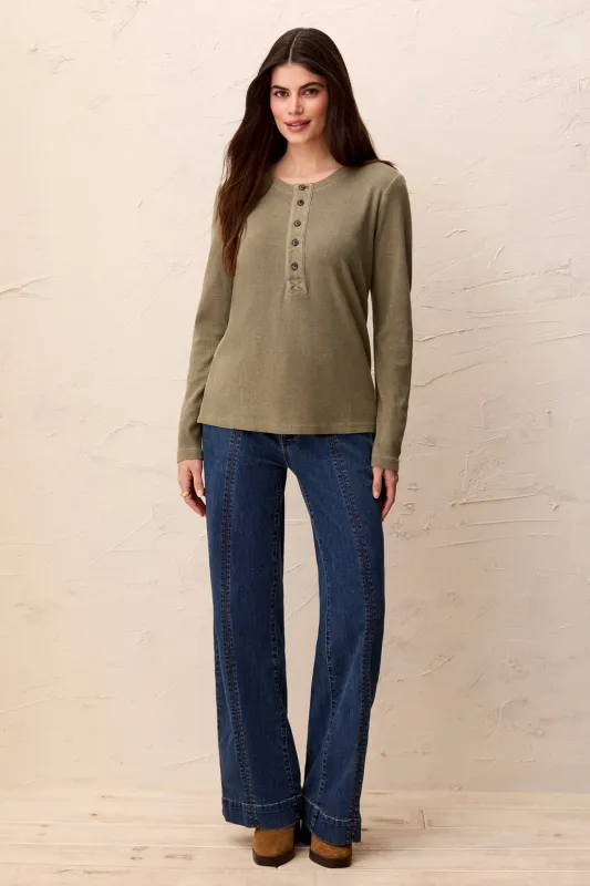 Special Wash Long Sleeve Buttoned Henley Top-Olivestone made by Tribal