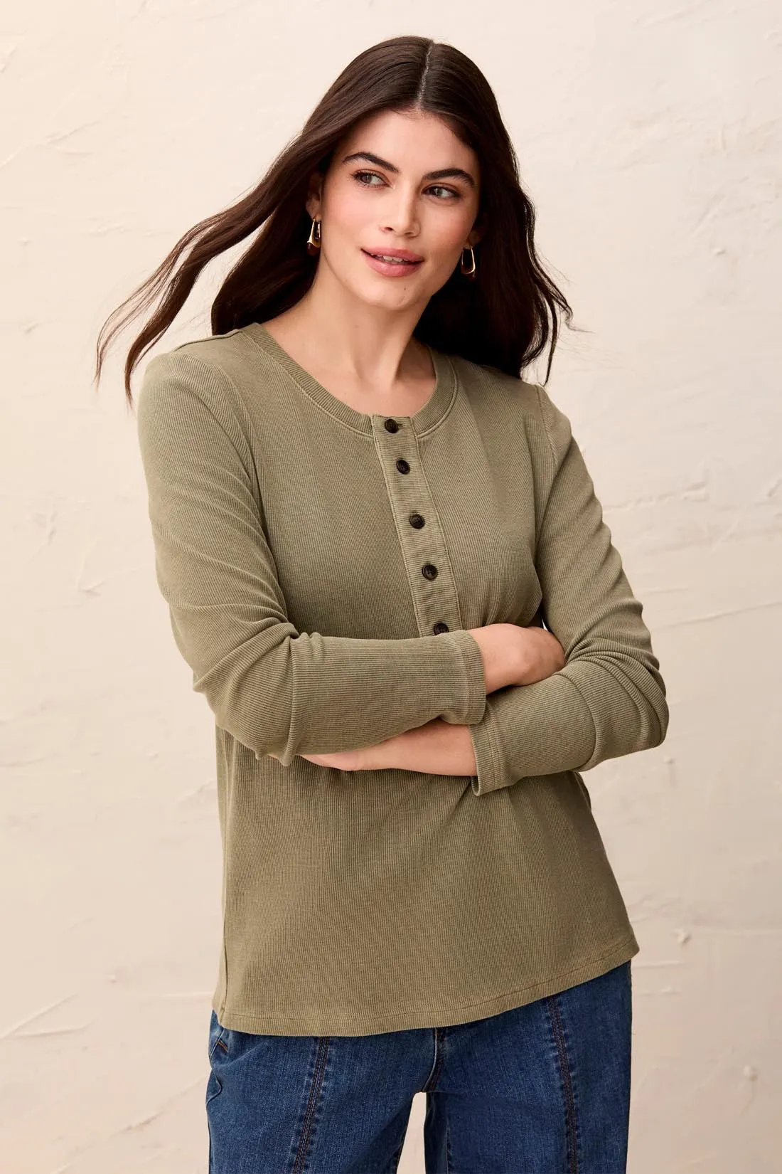Special Wash Long Sleeve Buttoned Henley Top-Olivestone sold by Tribal product image thumbnail 2
