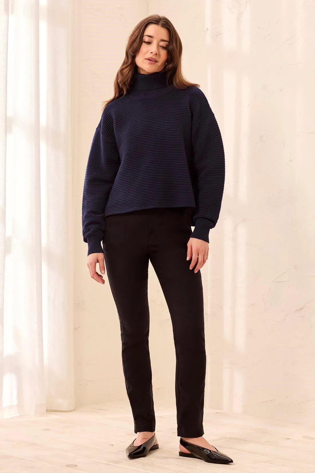 Textured Rib Mock Neck Drop Shoulder High-Low Sweater With Side Slits-Nightfall sold by Tribal product image thumbnail 4