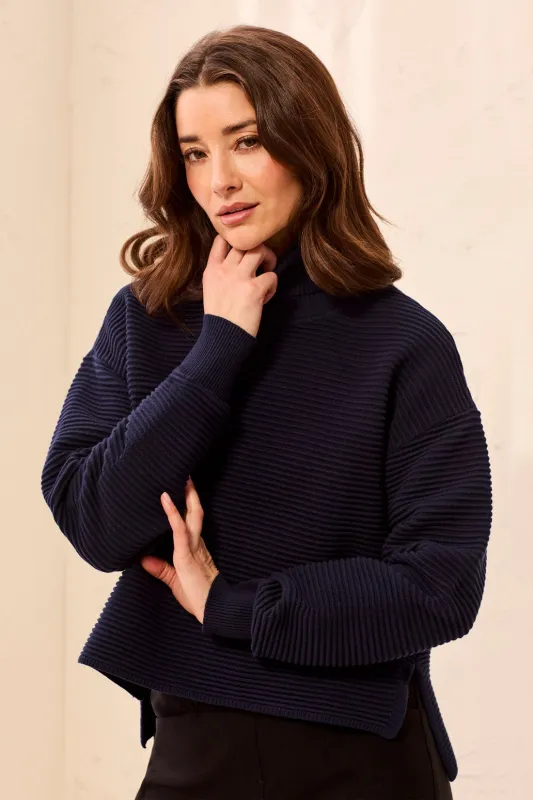 Textured Rib Mock Neck Drop Shoulder High-Low Sweater With Side Slits-Nightfall made by Tribal
