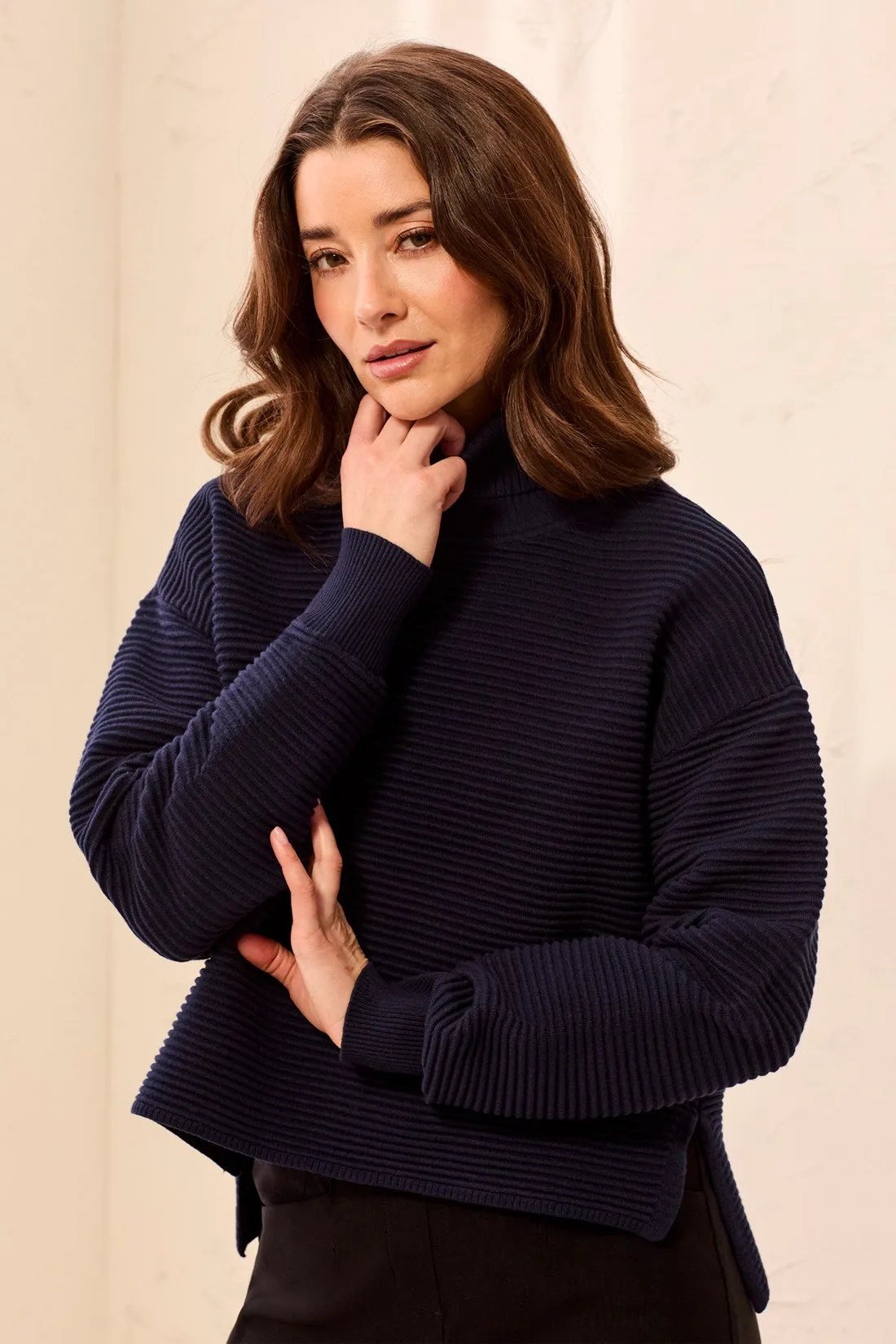 Textured Rib Mock Neck Drop Shoulder High-Low Sweater With Side Slits-Nightfall sold by Tribal