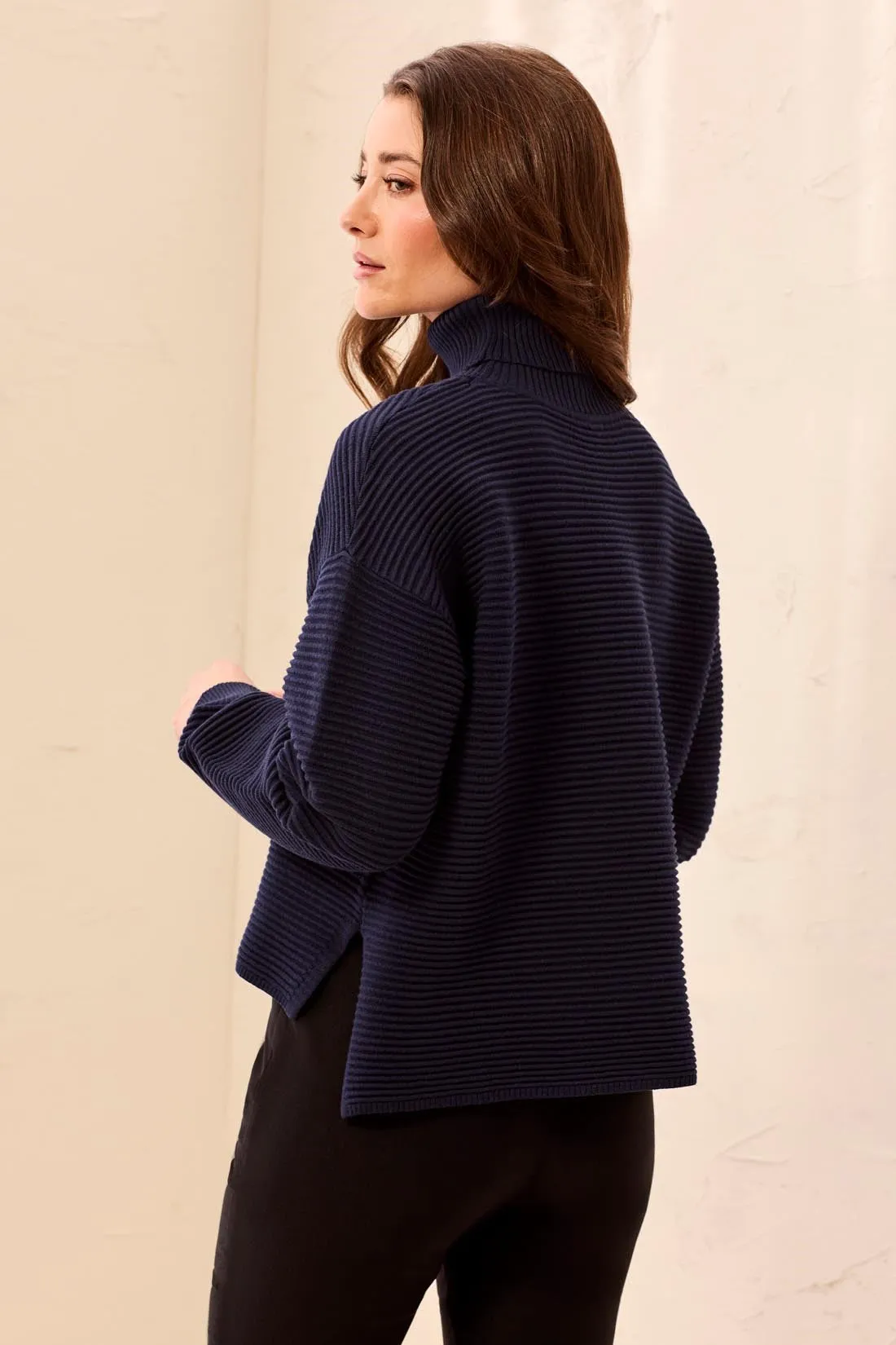 Textured Rib Mock Neck Drop Shoulder High-Low Sweater With Side Slits-Nightfall sold by Tribal product image thumbnail 2