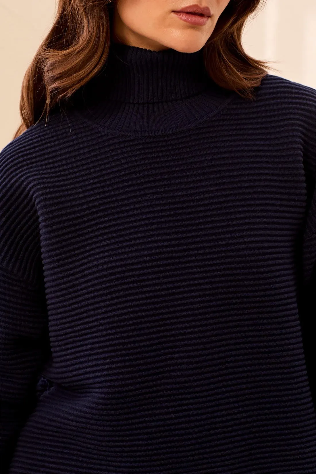 Textured Rib Mock Neck Drop Shoulder High-Low Sweater With Side Slits-Nightfall sold by Tribal product image thumbnail 3