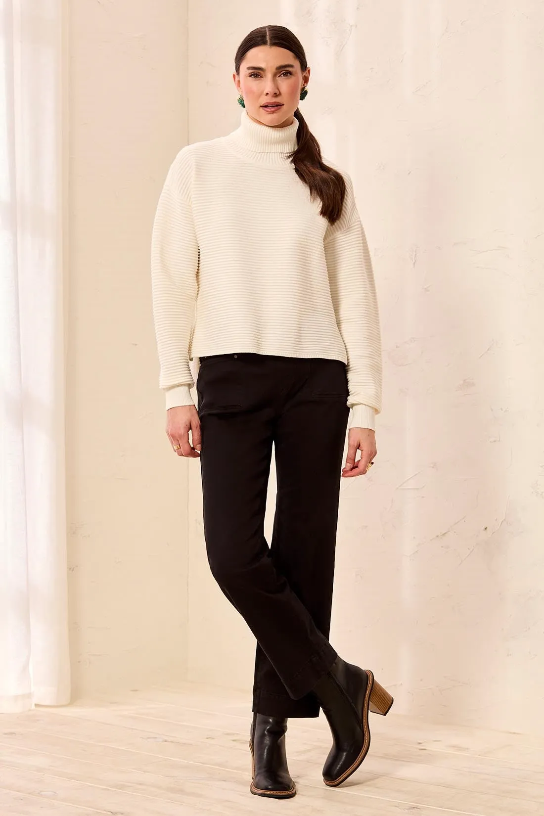 Textured Rib Mock Neck Drop Shoulder High-Low Sweater With Side Slits-Cream sold by Tribal product image thumbnail 2