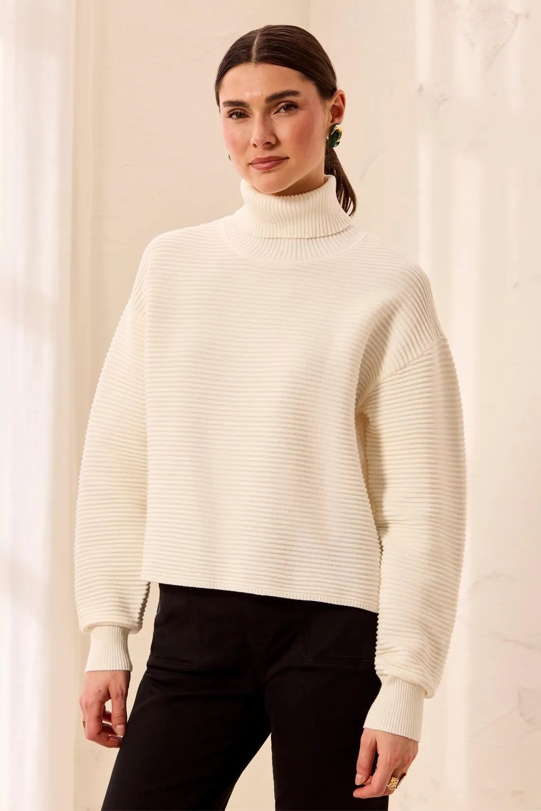 Textured Rib Mock Neck Drop Shoulder High-Low Sweater With Side Slits-Cream sold by Tribal