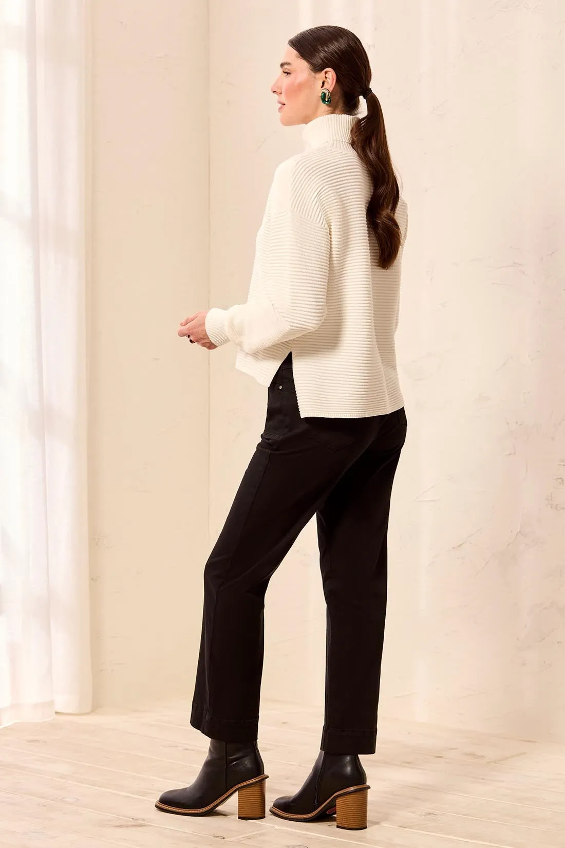 Textured Rib Mock Neck Drop Shoulder High-Low Sweater With Side Slits-Cream sold by Tribal product image thumbnail 3