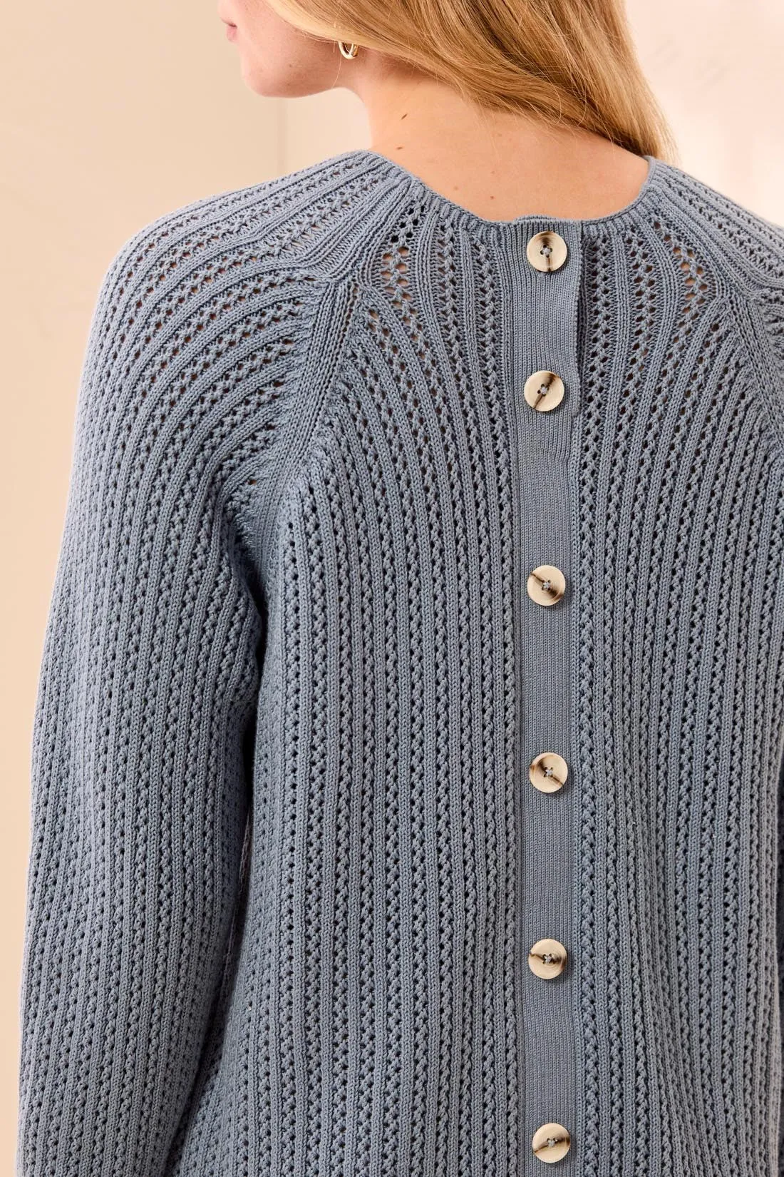 Pointelle Button-Back Long Sleeve Sweater-Blue fog sold by Tribal product image thumbnail 3
