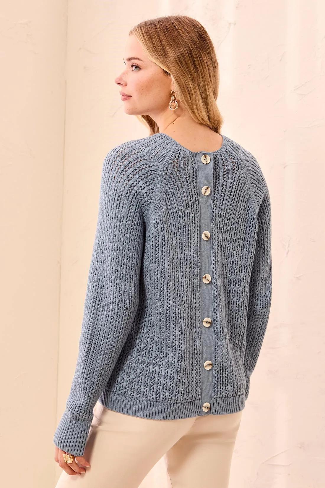 Pointelle Button-Back Long Sleeve Sweater-Blue fog sold by Tribal product image thumbnail 2