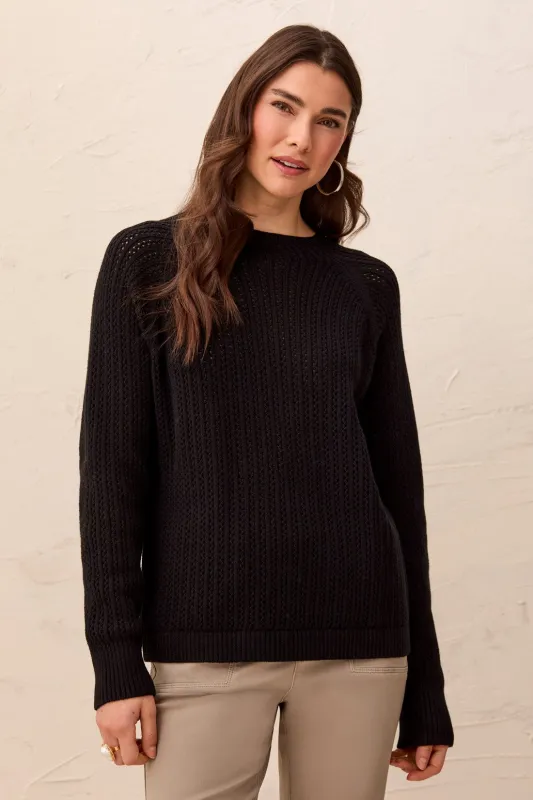 Pointelle Button-Back Long Sleeve Sweater-Black made by Tribal