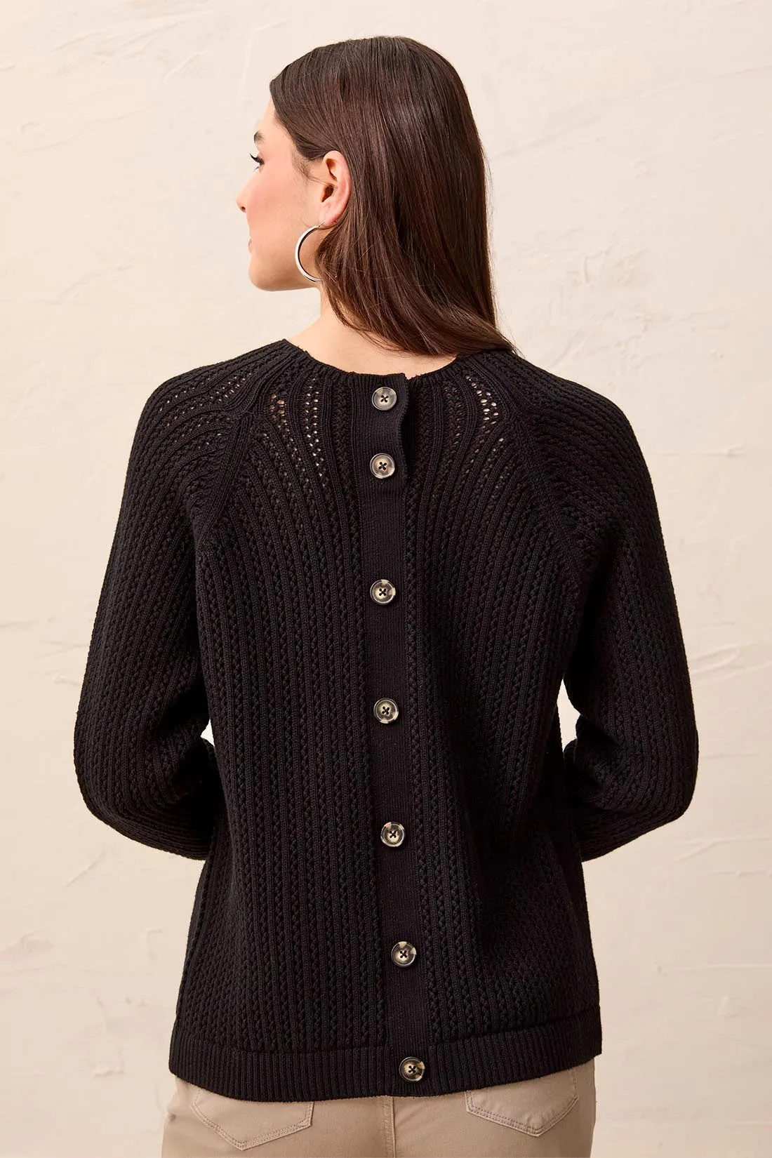 Pointelle Button-Back Long Sleeve Sweater-Black sold by Tribal product image thumbnail 2