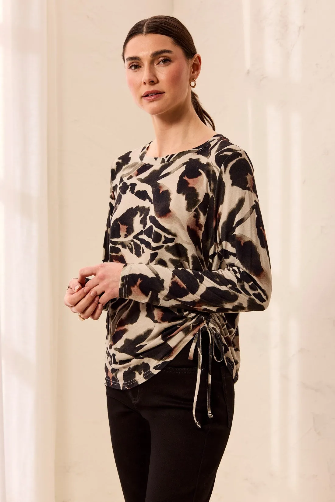 Ultra-Soft Long Sleeve Crew Neck Knit Top with Side Ruching-Dry sand sold by Tribal