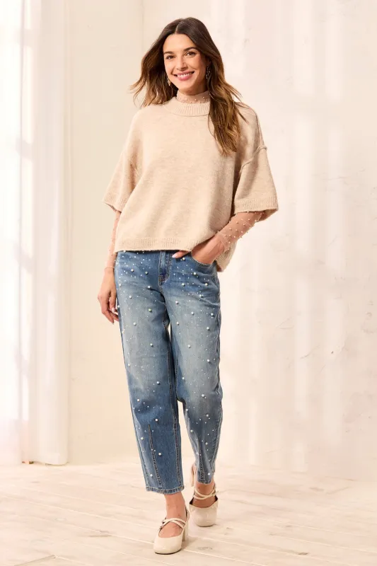 Drop Shoulder Elbow Sleeve Crew Neck Light Knit Sweater-H pashmina made by Tribal