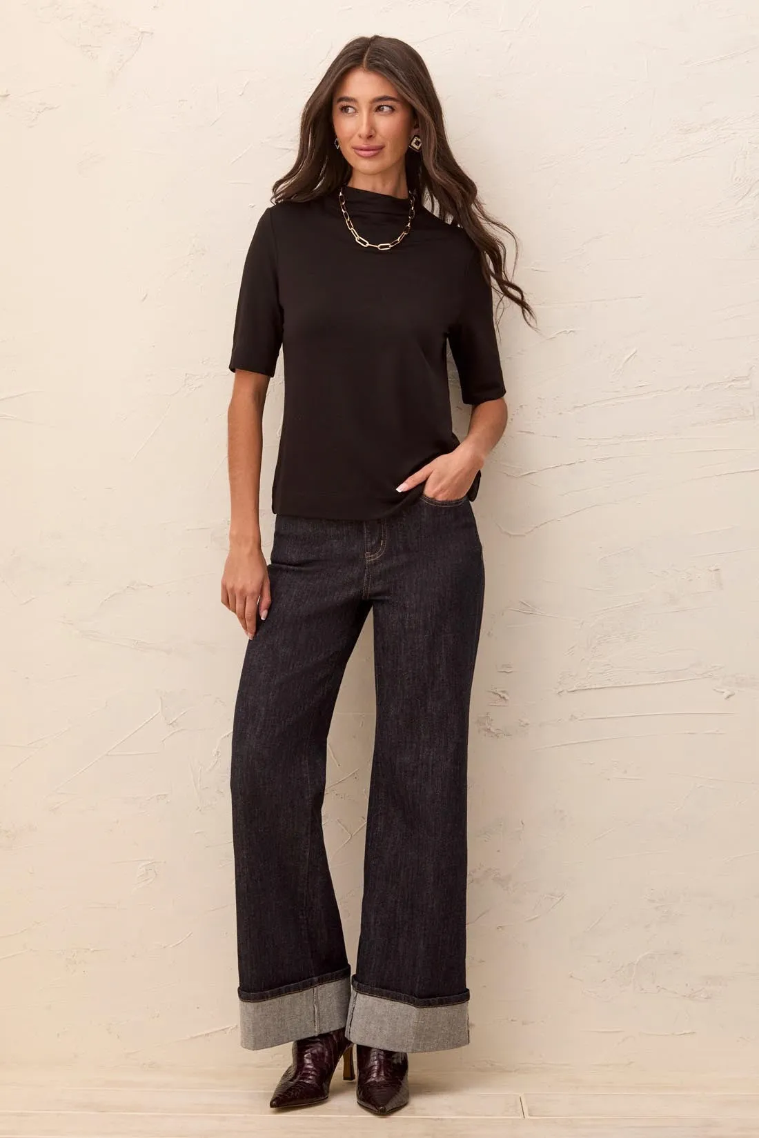 Funnel Neck Elbow Sleeve Soft Knit Top-Black sold by Tribal product image thumbnail 4