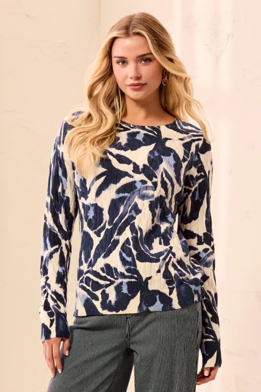 Printed Cable Cotton Crew Neck Sweater-Blue fog made by Tribal
