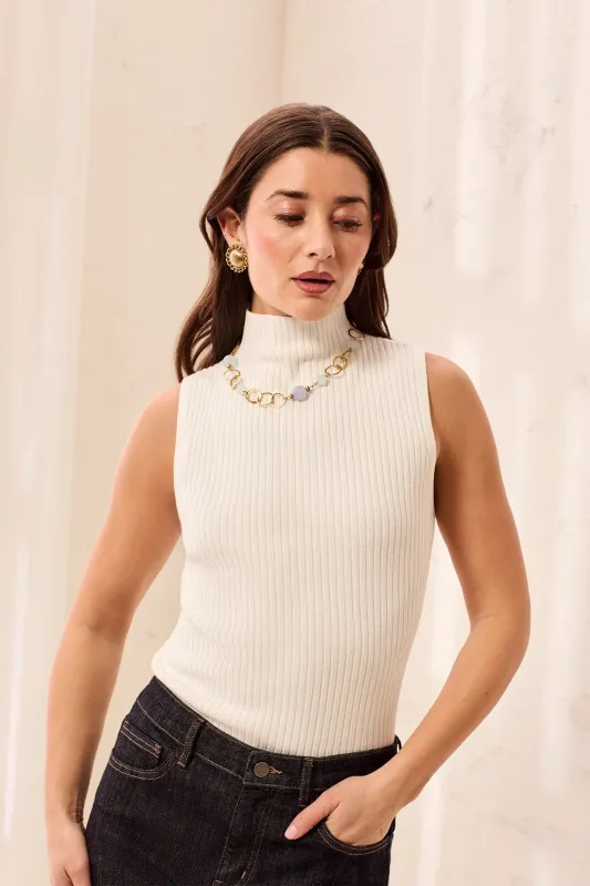 Ribbed Funnel Neck Sleeveless Knit Tank-Cream made by Tribal