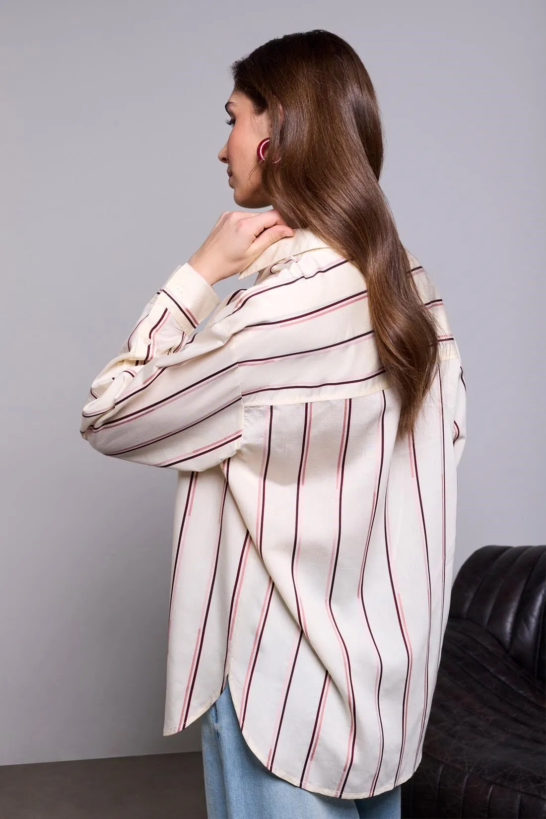 BLUE THREAD Lightweight Oversized Striped Drop Shoulder Collared Blouse-Antiquewhite sold by Tribal product image thumbnail 3