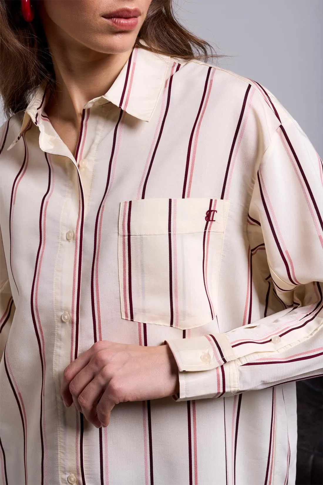 BLUE THREAD Lightweight Oversized Striped Drop Shoulder Collared Blouse-Antiquewhite sold by Tribal product image thumbnail 4