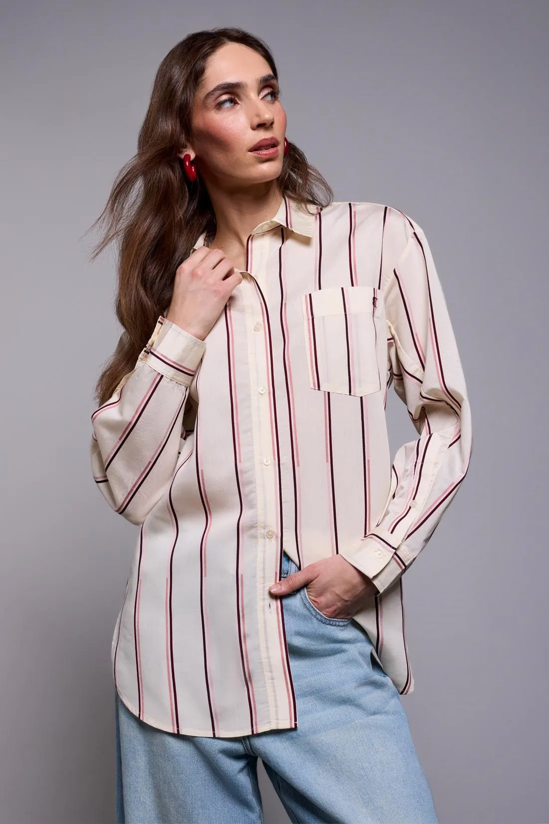 BLUE THREAD Lightweight Oversized Striped Drop Shoulder Collared Blouse-Antiquewhite sold by Tribal