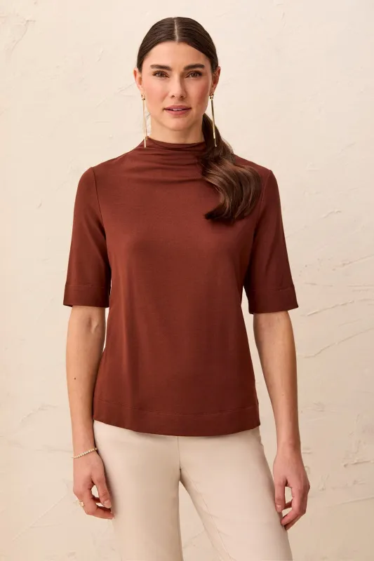 Funnel Neck Elbow Sleeve Soft Knit Top-Rusticbrown made by Tribal