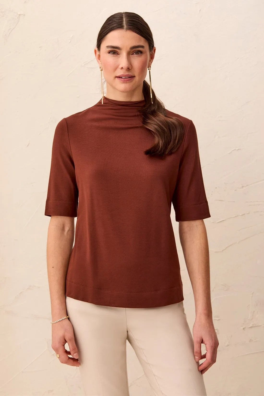 Funnel Neck Elbow Sleeve Soft Knit Top-Rusticbrown sold by Tribal