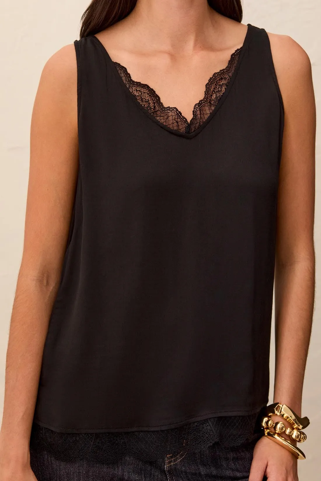 Satin Feel V-Neck Cami With Lace Trim-Black sold by Tribal product image thumbnail 3