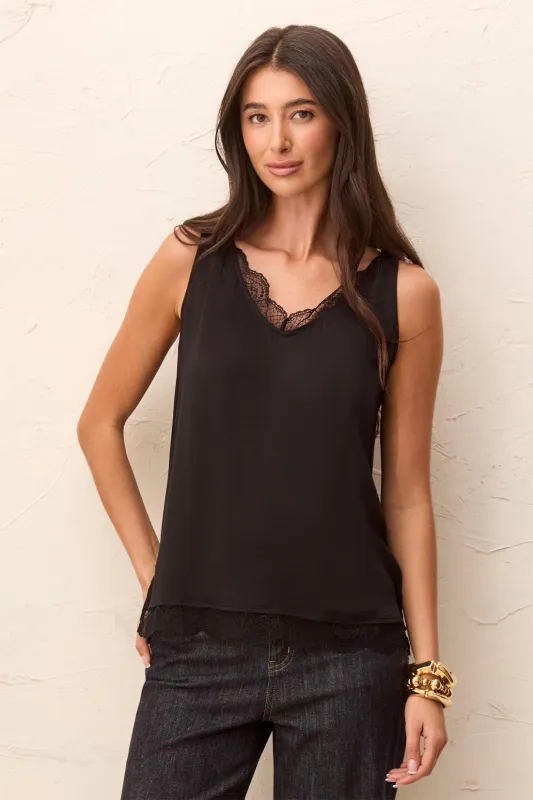 Satin Feel V-Neck Cami With Lace Trim-Black made by Tribal