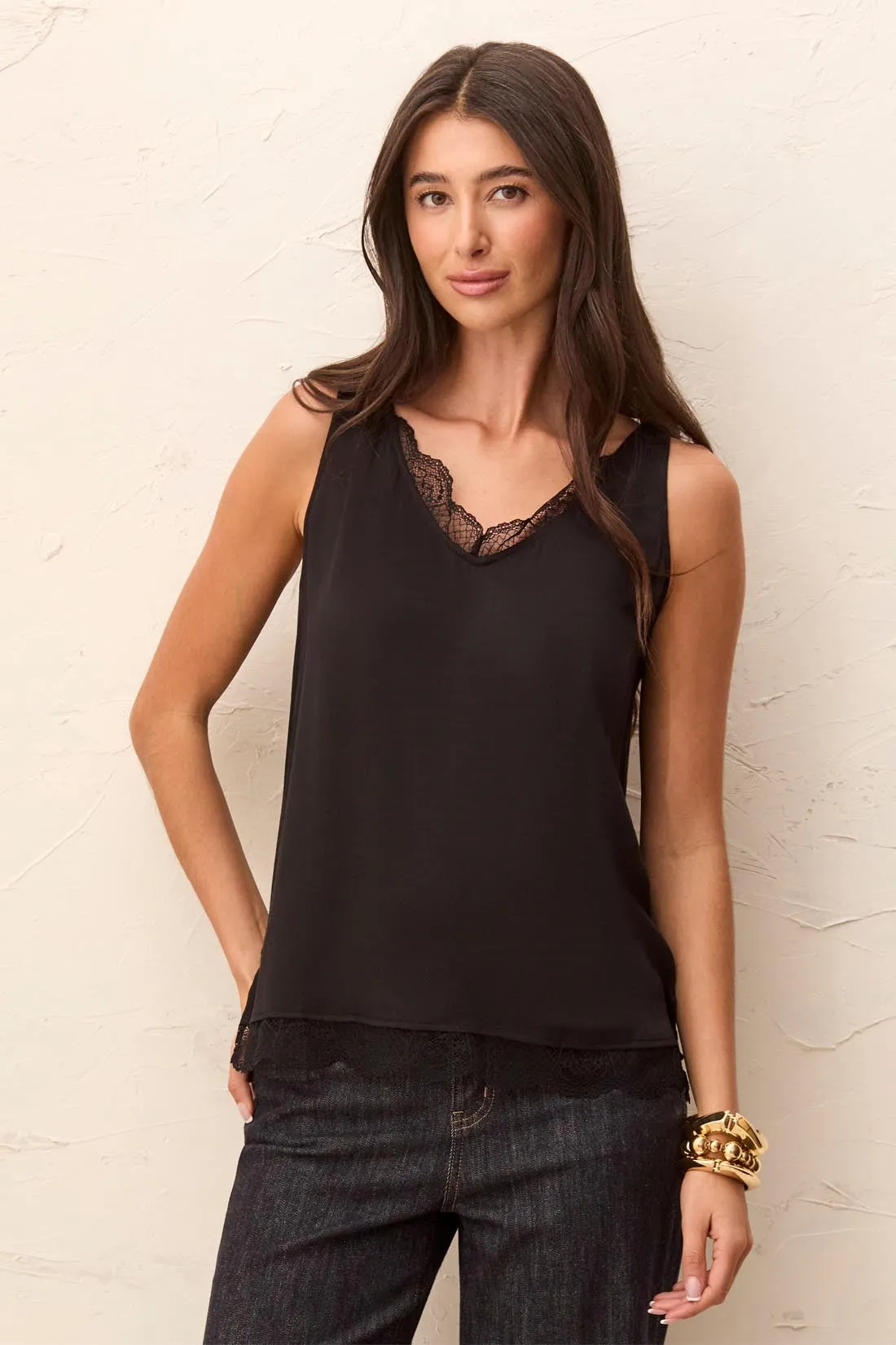 Satin Feel V-Neck Cami With Lace Trim-Black sold by Tribal