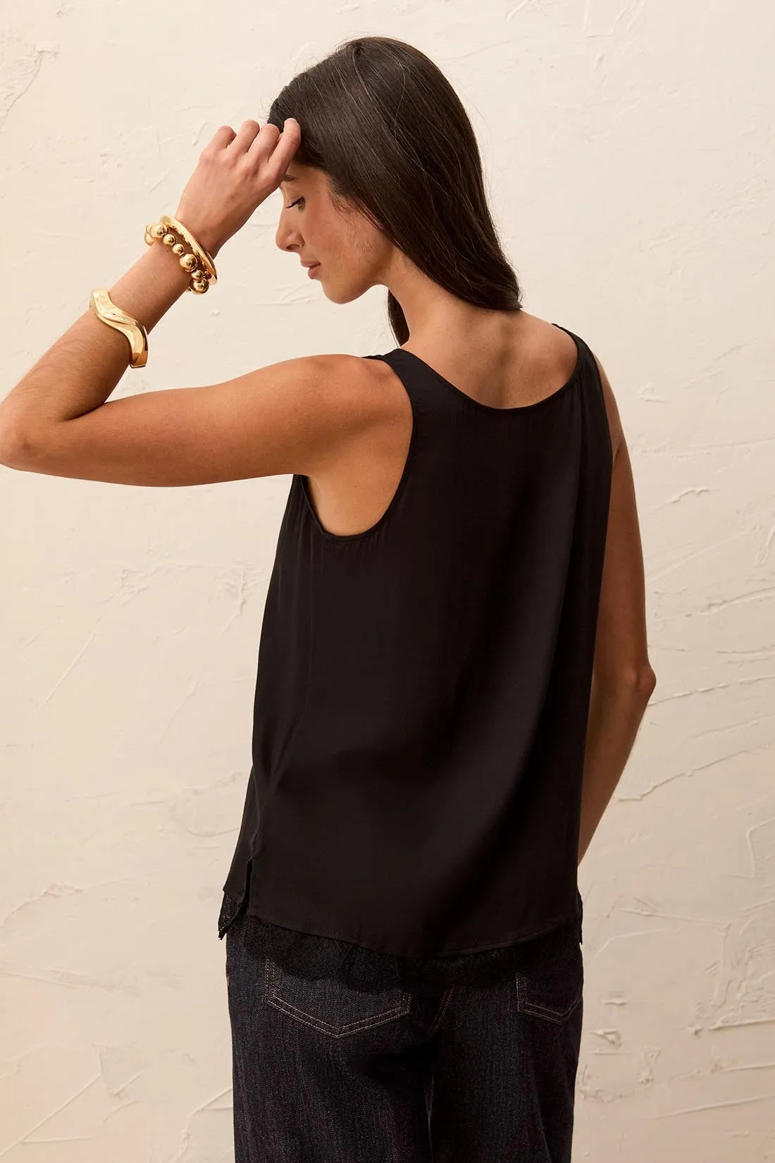 Satin Feel V-Neck Cami With Lace Trim-Black sold by Tribal product image thumbnail 2