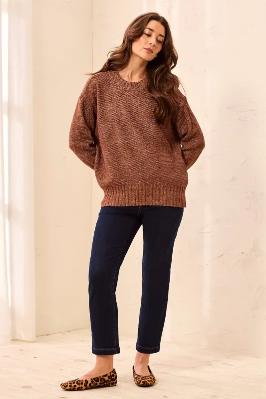 Textured Crew Neck High-Low Sweater-H chocolate made by Tribal