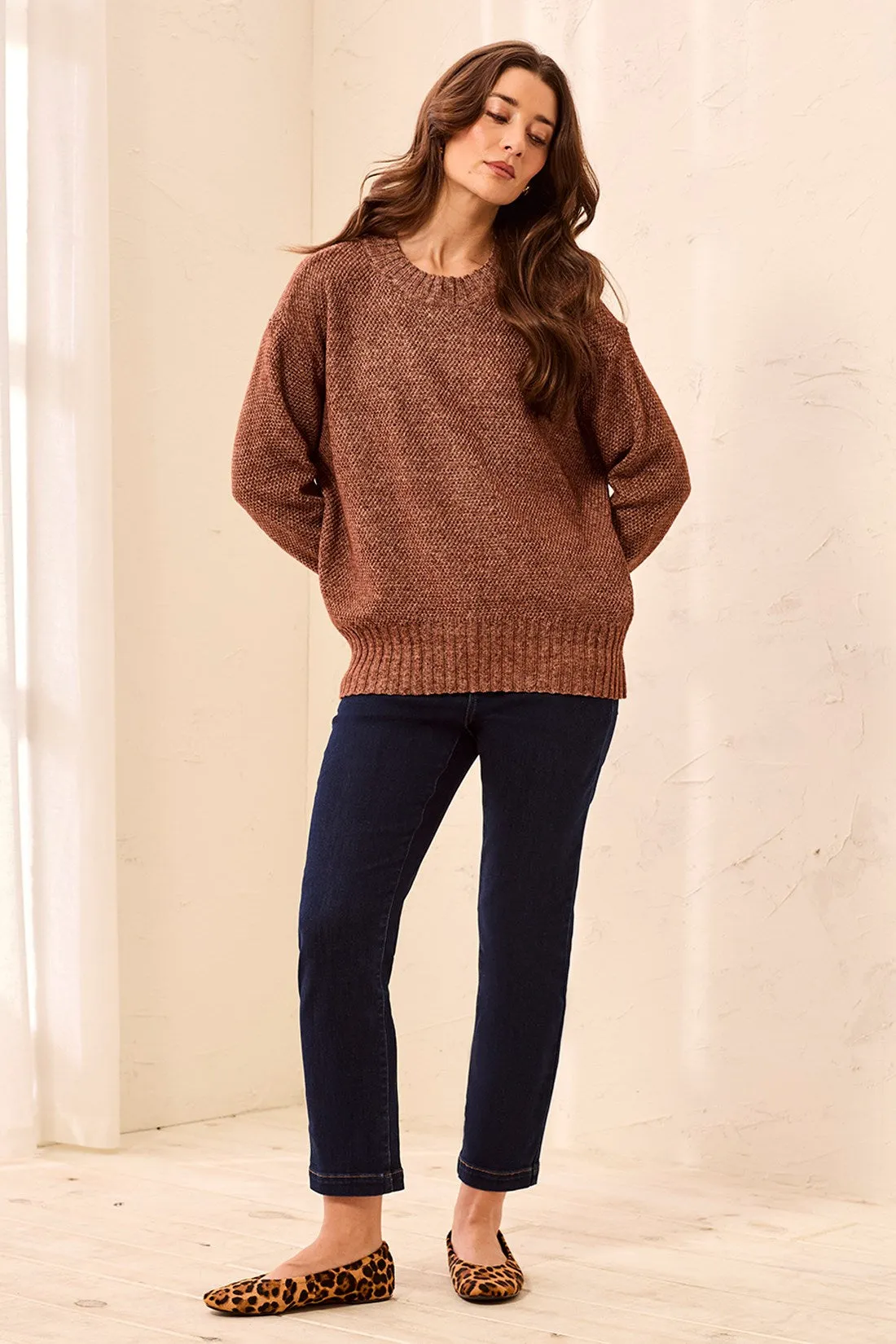 Textured Crew Neck High-Low Sweater-H chocolate sold by Tribal