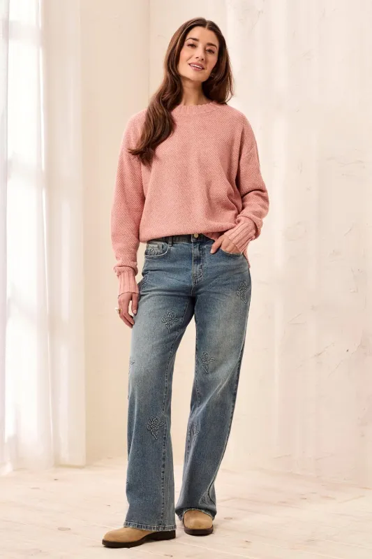 Textured Crew Neck High-Low Sweater-H macaron made by Tribal