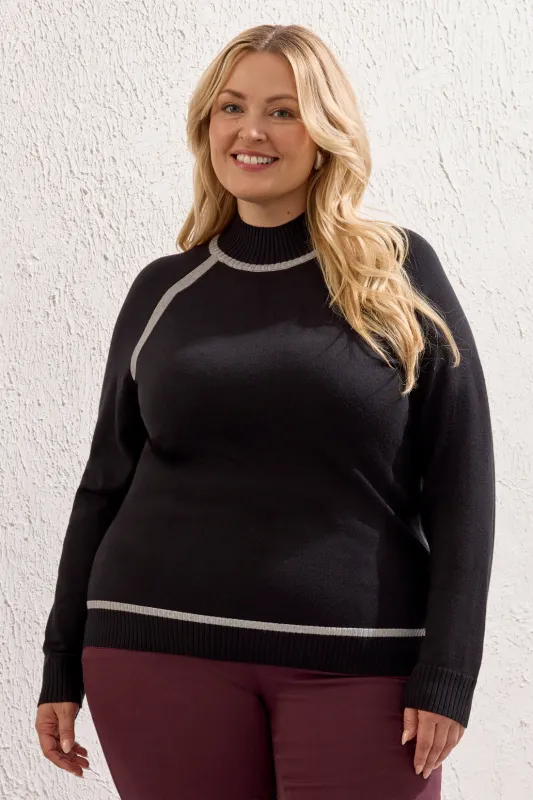 Size Inclusive Mock Neck Sweater With Contrast Tipping-Black made by Tribal