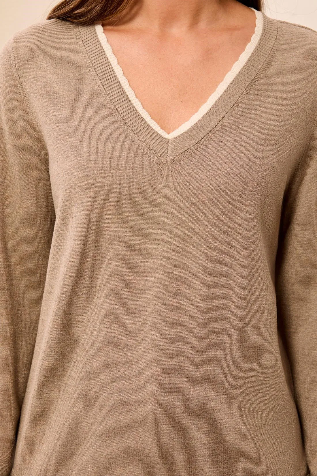 Soft Viscose Long Sleeve Contrast Trim V-Neck Sweater-Fossil sold by Tribal product image thumbnail 3