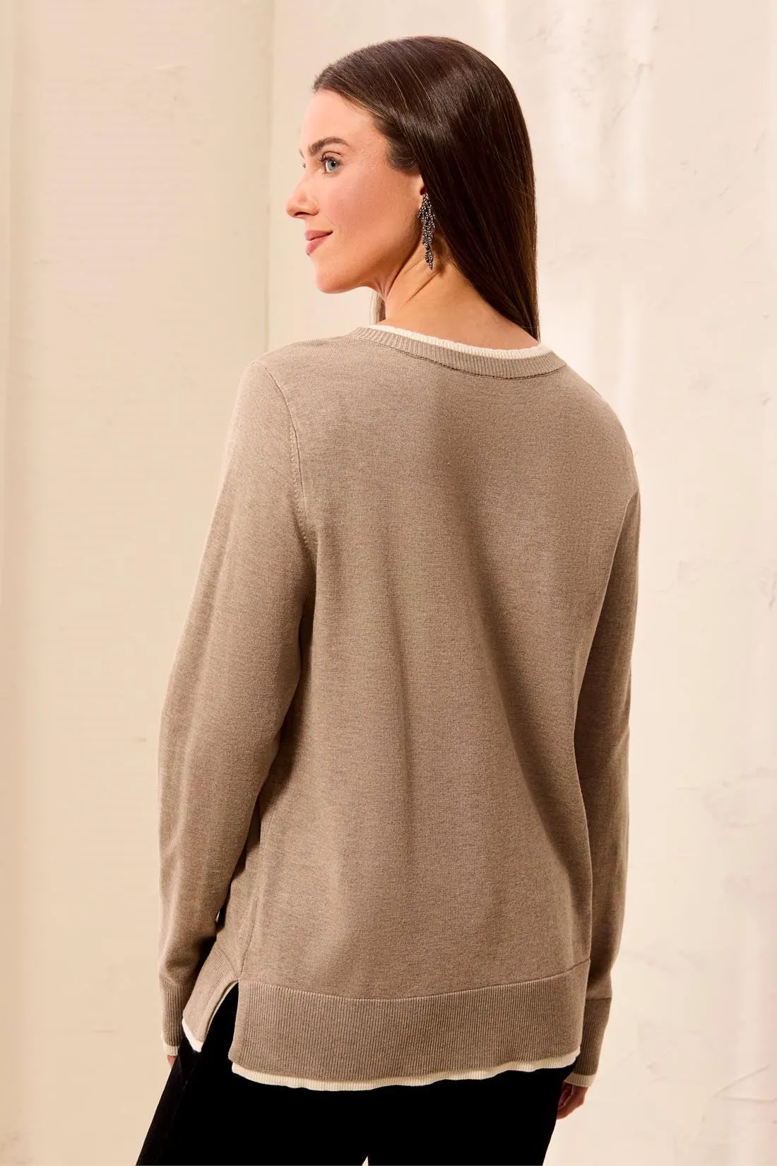 Soft Viscose Long Sleeve Contrast Trim V-Neck Sweater-Fossil sold by Tribal product image thumbnail 2