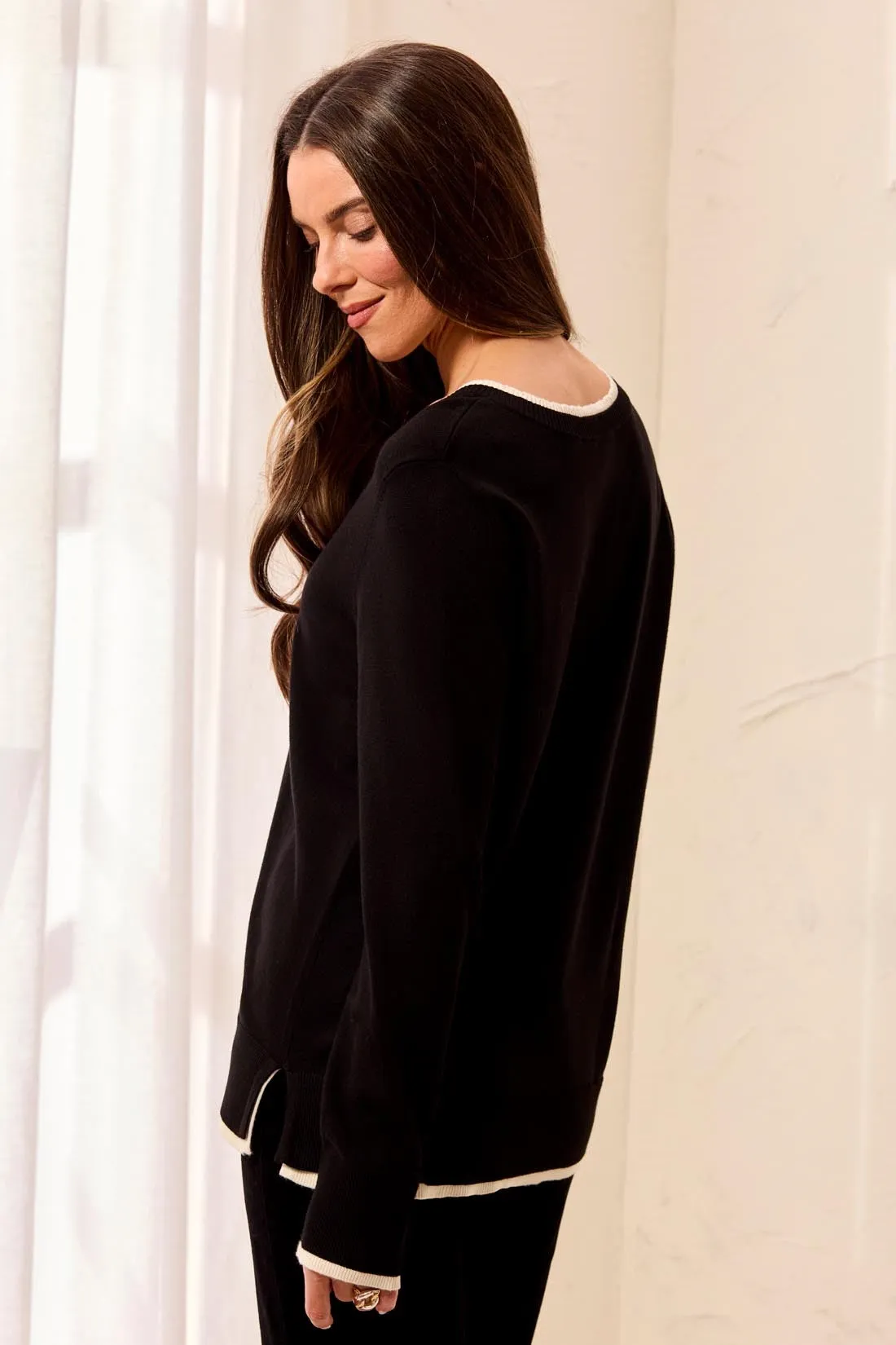 Soft Viscose Long Sleeve Contrast Trim V-Neck Sweater-Black sold by Tribal product image thumbnail 2