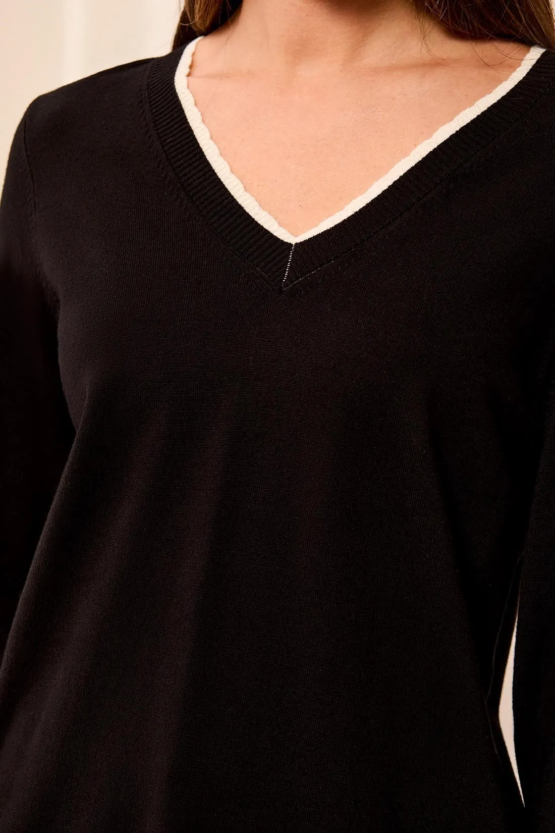 Soft Viscose Long Sleeve Contrast Trim V-Neck Sweater-Black sold by Tribal product image thumbnail 3